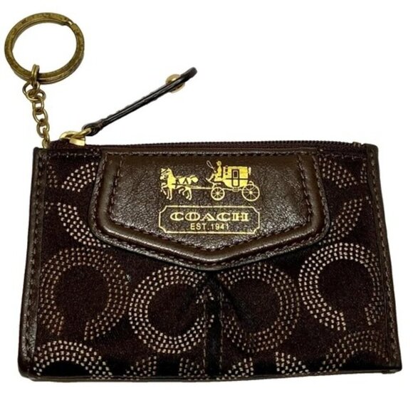 Coach Madison ID Holder Card Case Signature Slim Brown Canvas Gold Keychain EUC - Picture 1 of 11